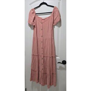 Kirundo Pink Short Sleeve Button-Down Tiered Midi Dress